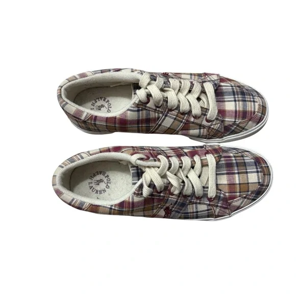 POLO RALPH LAUREN Madras Maroon / Tan Plaid‎ Humberto Canvas Sneakers Size 8D - Picture 3 of 9